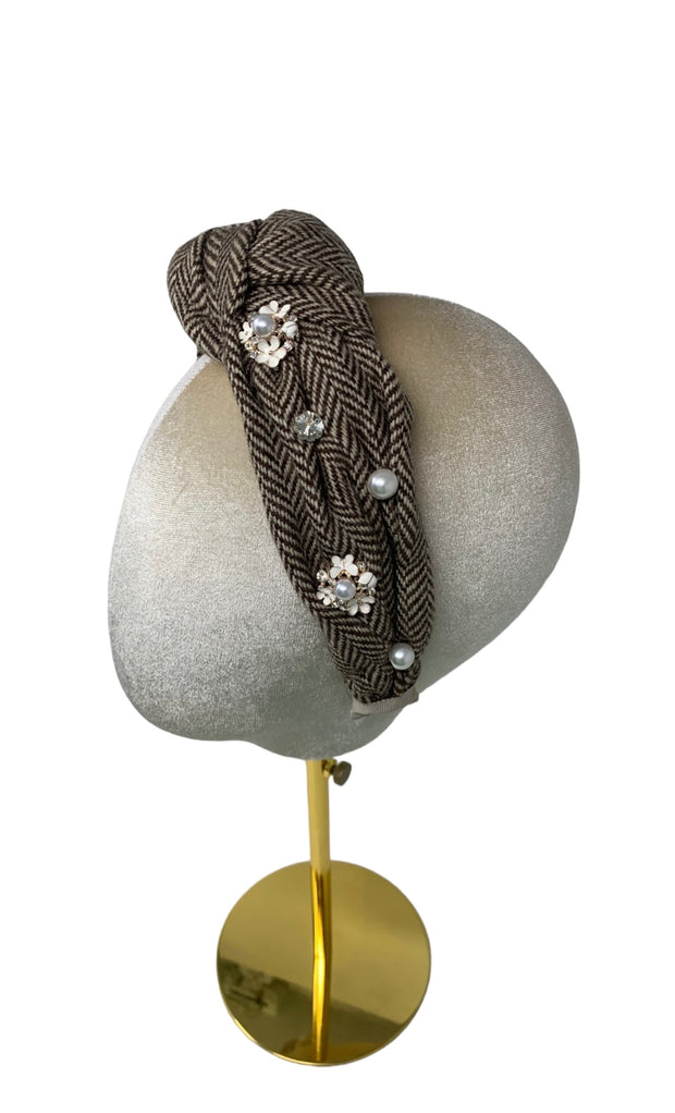 'Ciara' Embellished Irish Tweed Headband Brown