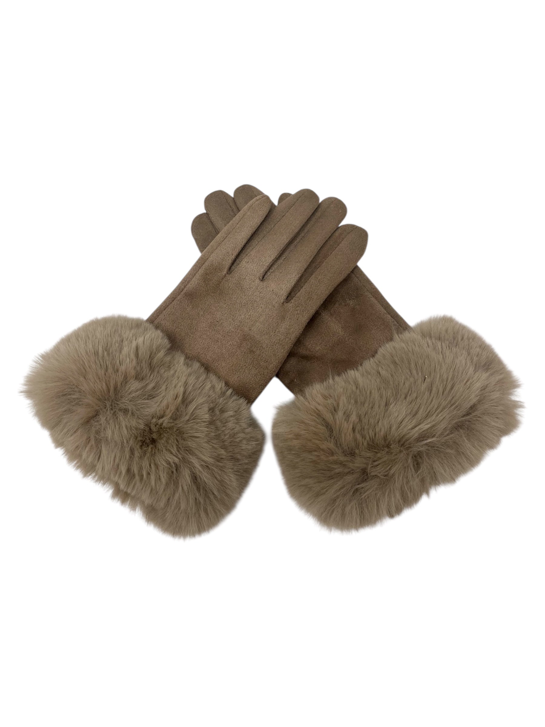 Faux Fur Trimmed Gloves in Beige