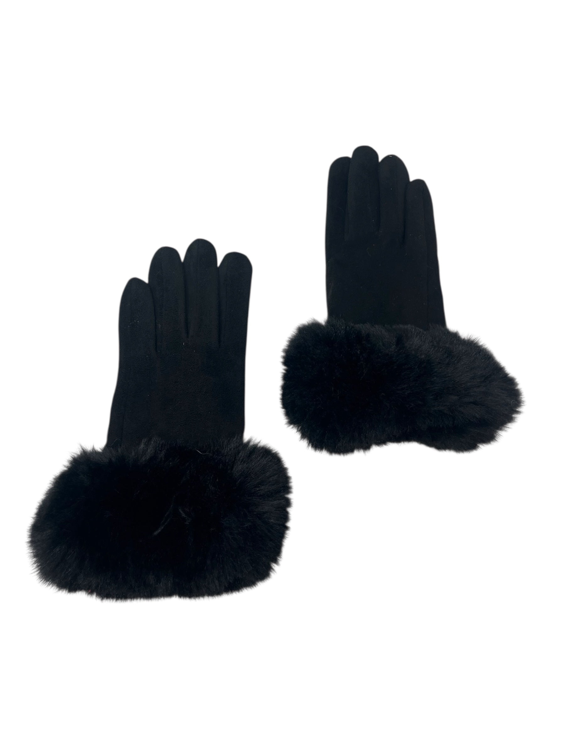 Faux Fur Trimmed Gloves in Black