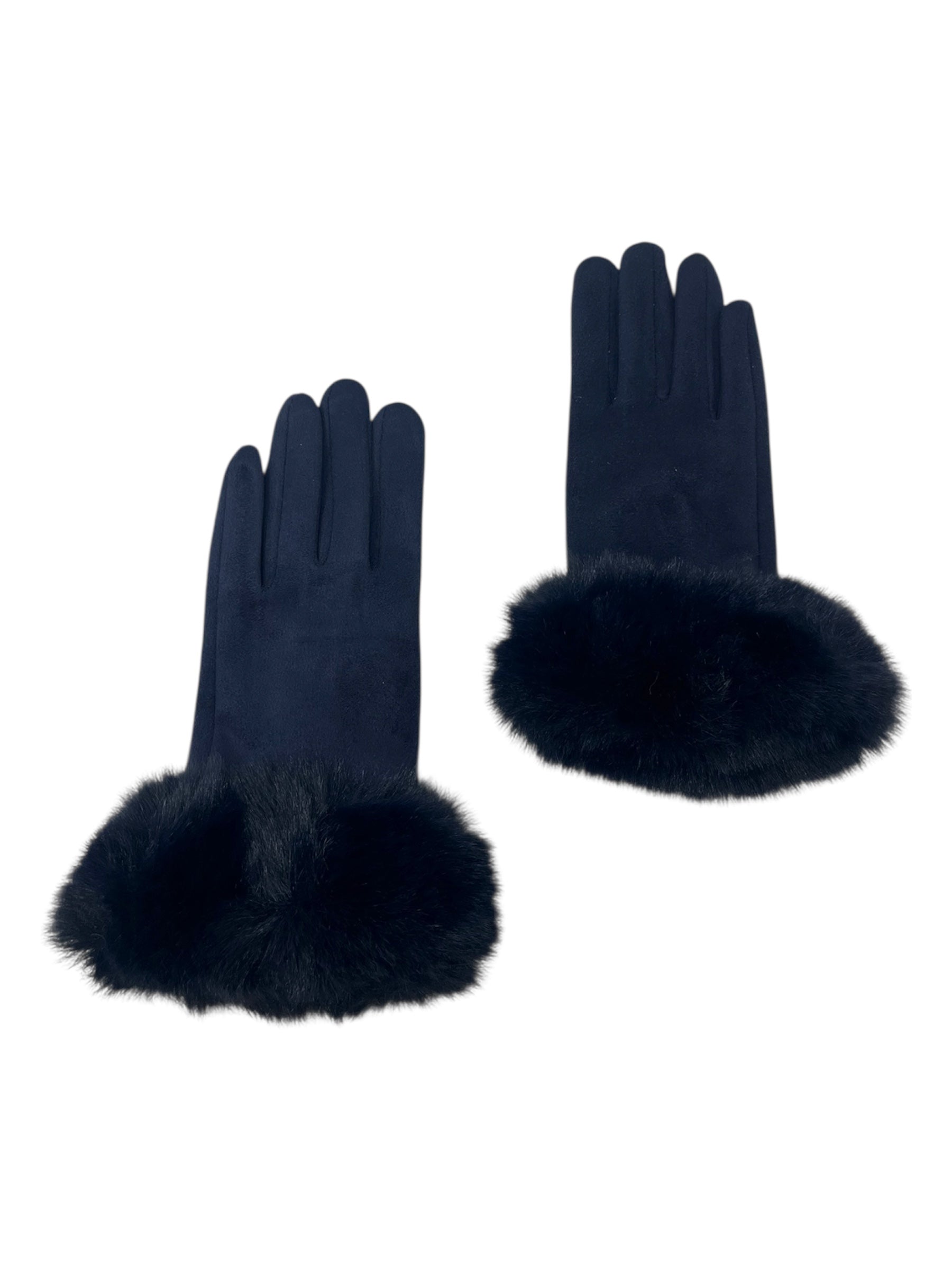 Faux Fur Trimmed Gloves in Navy