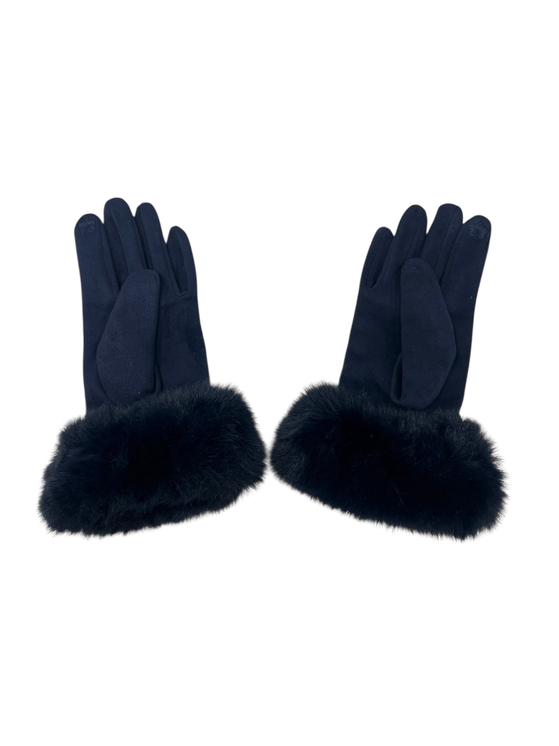 Faux Fur Trimmed Gloves in Navy