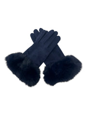 Faux Fur Trimmed Gloves in Navy