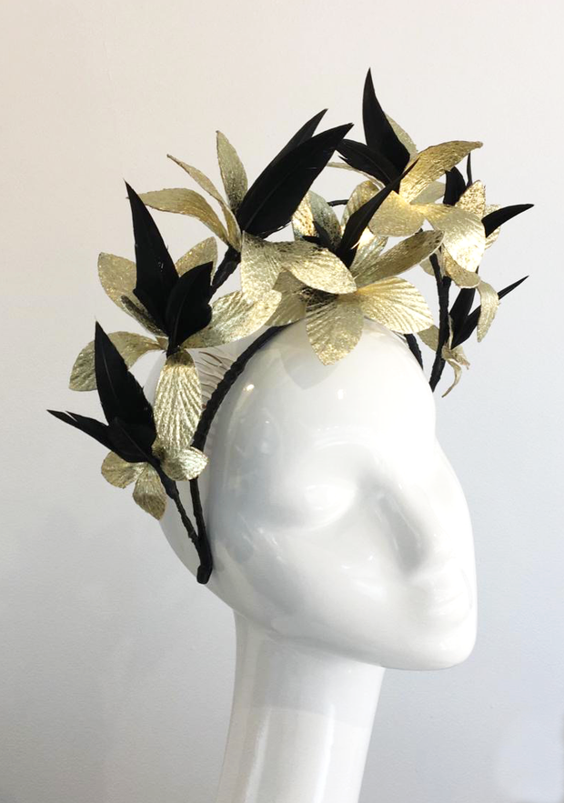 Estelle - Gold Leaf and Black Feather Crown