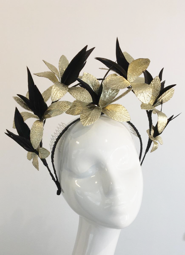 Estelle - Gold Leaf and Black Feather Crown