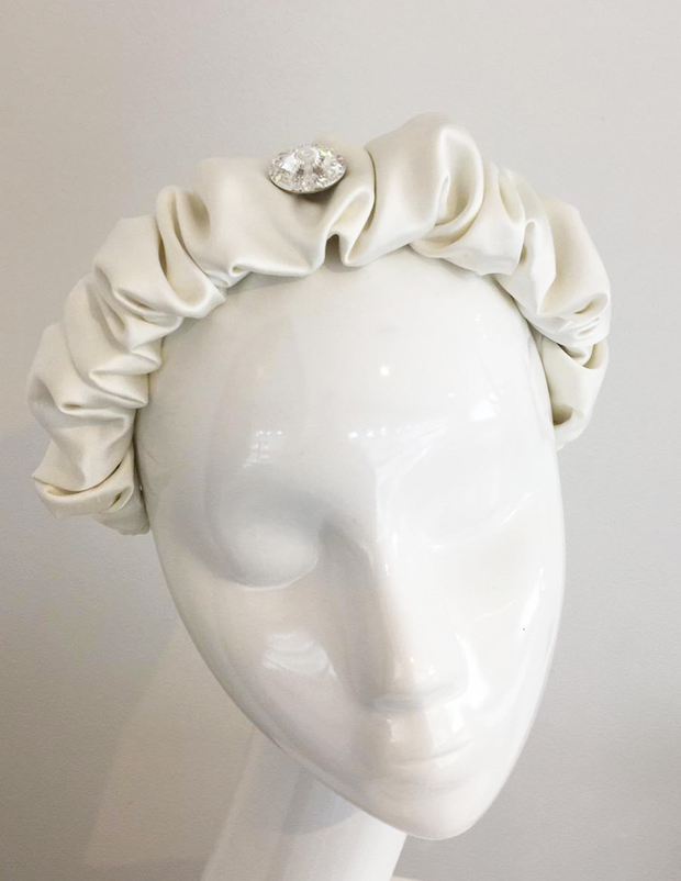 Ivory Satin Ruched Headband with Swarovski Crystal